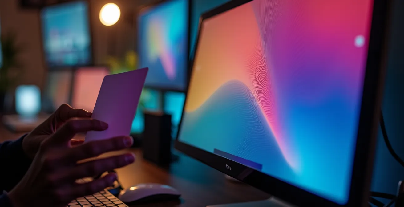 Makroaufnahme eines Monitors zeigt Banding-Artefakte bei extremer Farbkorrektur