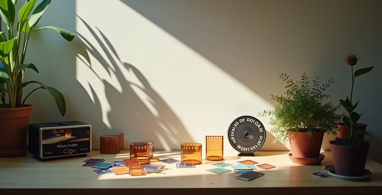 Arbeitsplatz eines Fotografen mit Farbpaletten und analoger Ausrüstung, der einen authentischen Bearbeitungsprozess ohne digitale Filter zeigt.