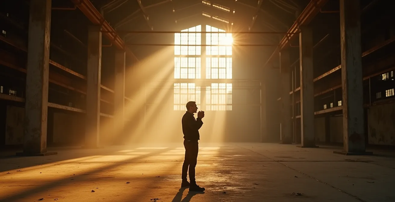 Fotograf nutzt natürliches Licht durch zerbrochene Fenster in verlassener Fabrik