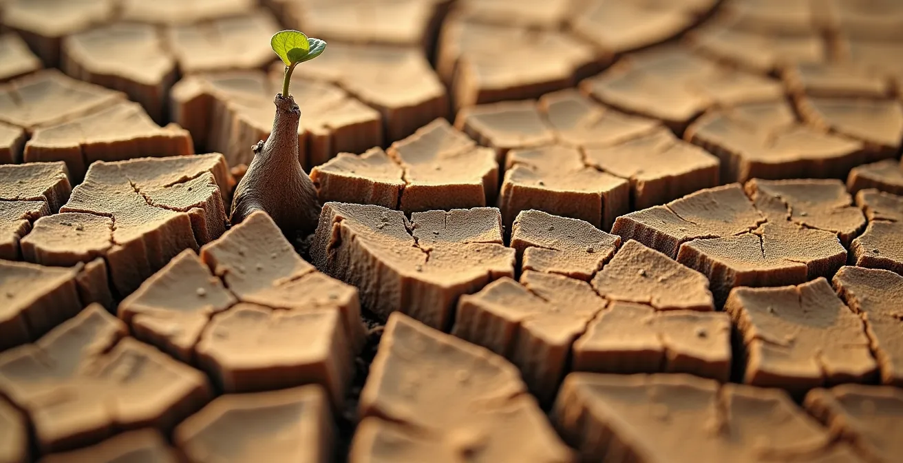 Makroaufnahme von ausgetrocknetem Boden zeigt als Textur die Folgen des Klimawandels.