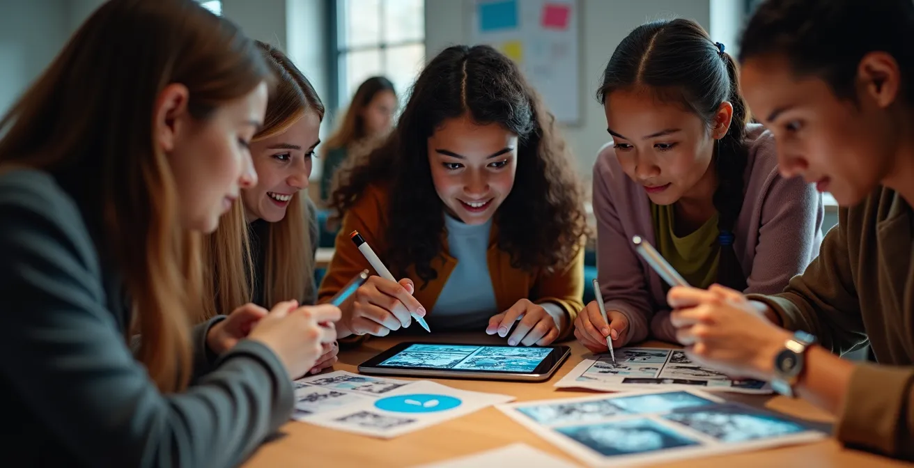 Schüler untersuchen gemeinsam ein Bild mit digitalen Analysewerkzeugen