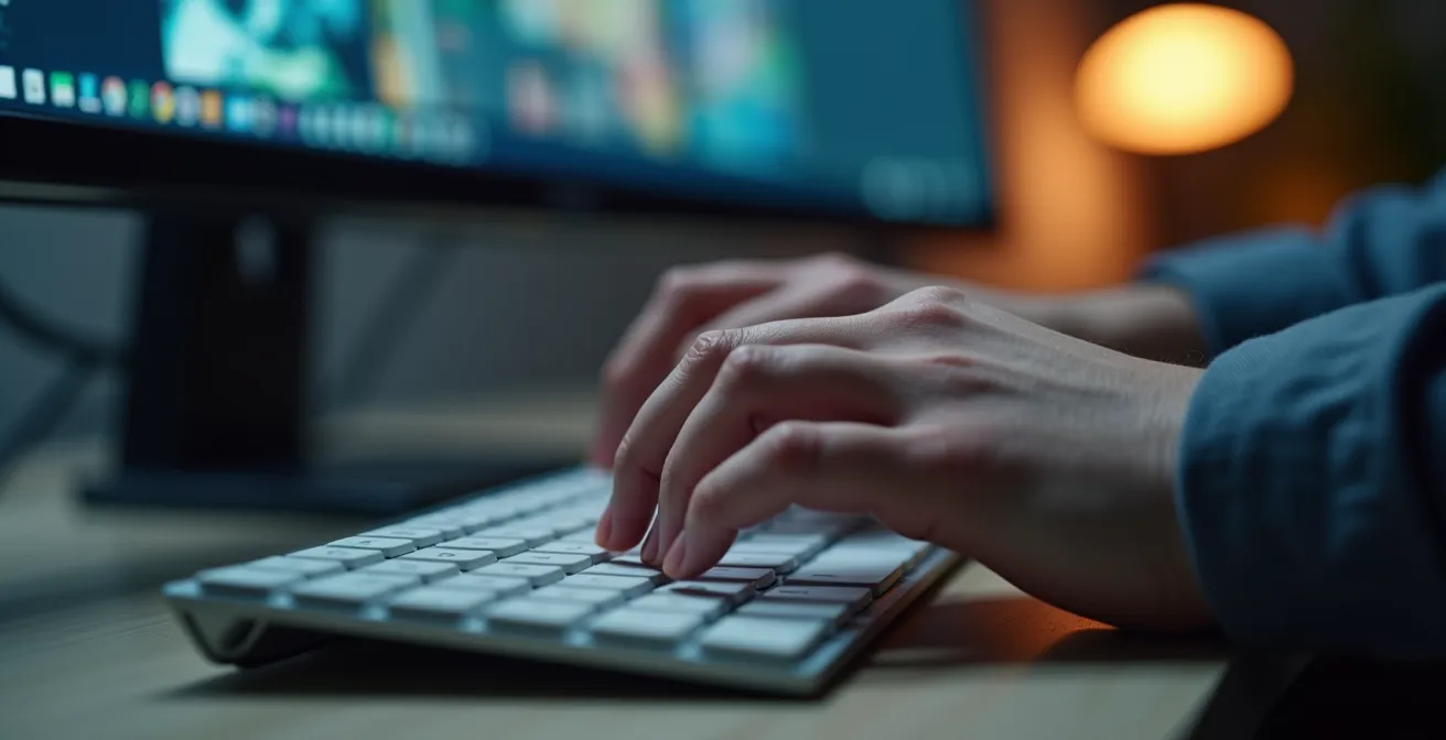 Nahaufnahme der Hände eines Fotografen, der sein digitales Fotoarchiv auf einem Computer verwaltet und einen Löschprozess durchführt.