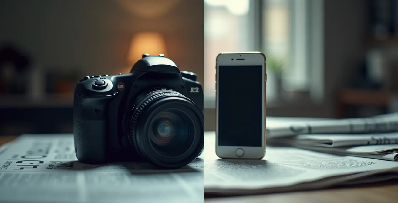 Kontrast zwischen professioneller Pressekamera und Smartphone in redaktionellem Umfeld