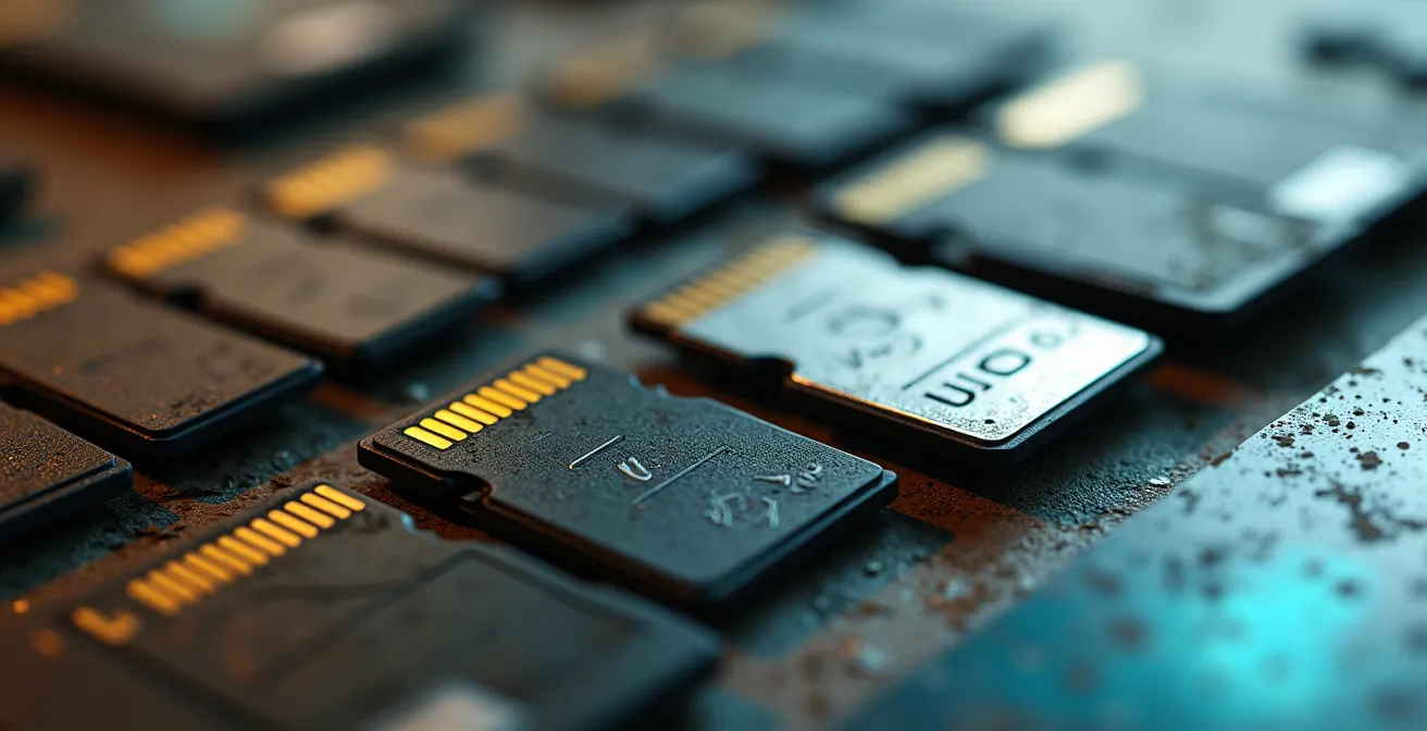 Makroaufnahme verschiedener Speicherkarten und Dateiformate für RAW-Archivierung