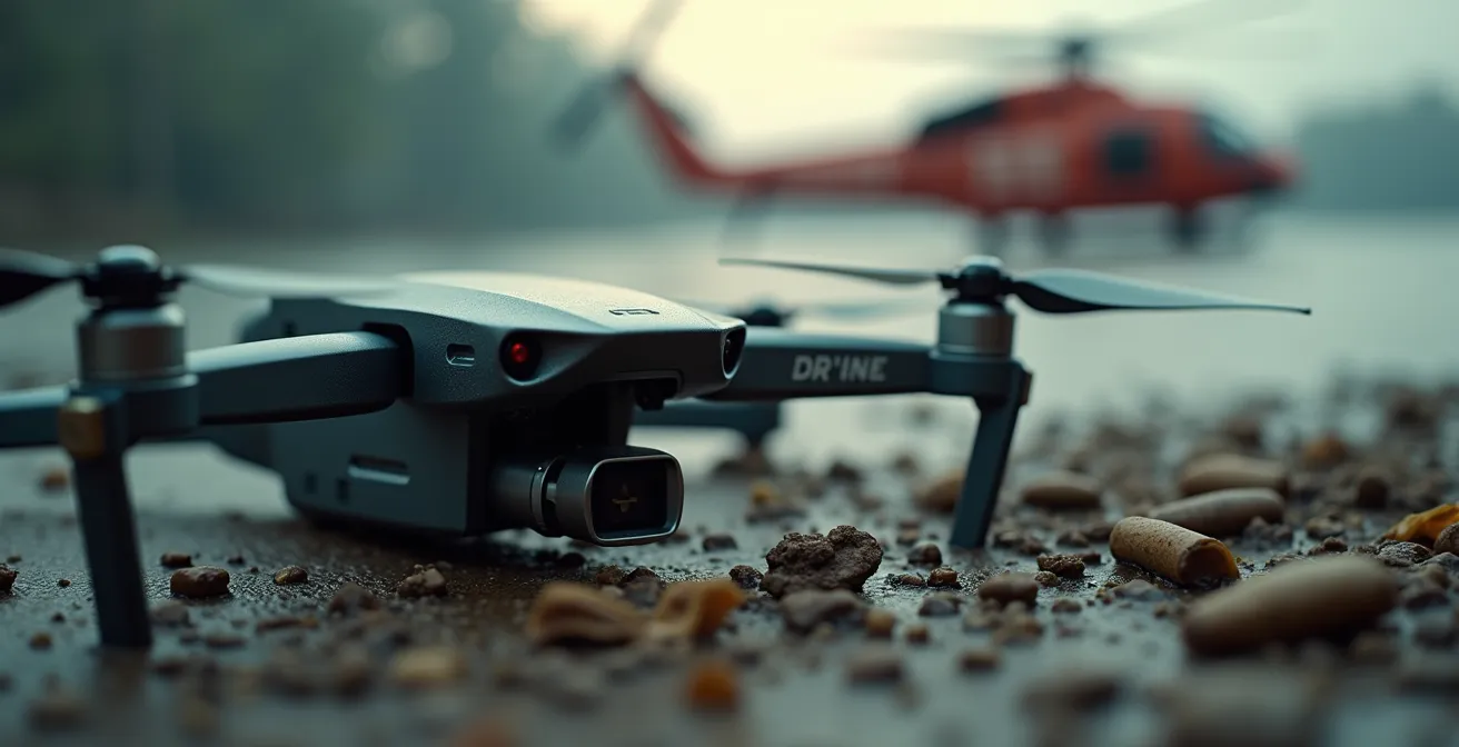 Makroaufnahme einer am Boden liegenden Drohne mit unscharfem Rettungshubschrauber im Hintergrund