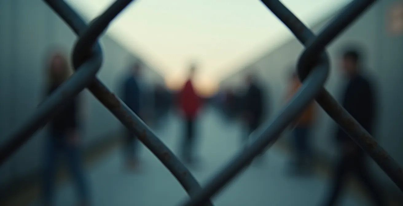 Verschwommene Silhouetten von Menschen in der Ferne, fotografiert durch einen Maschendrahtzaun mit extremer Tiefenunschärfe