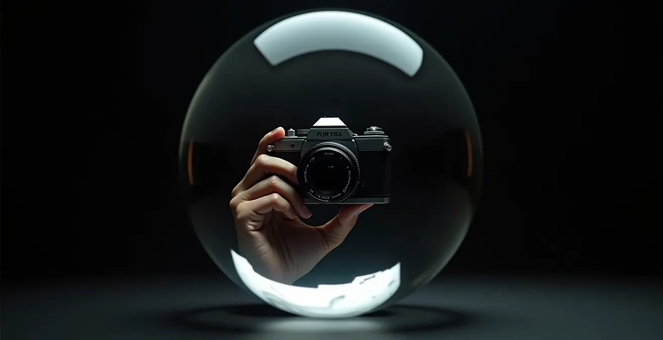 Symbolische Darstellung ethischer Grenzen im immersiven Journalismus durch eine verzerrte Reflexion einer Kamera