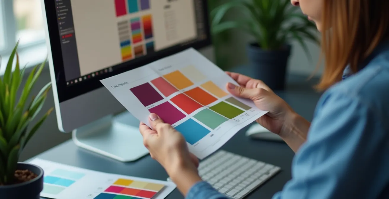 Professioneller Arbeitsplatz mit Farbproben und Druckmustern