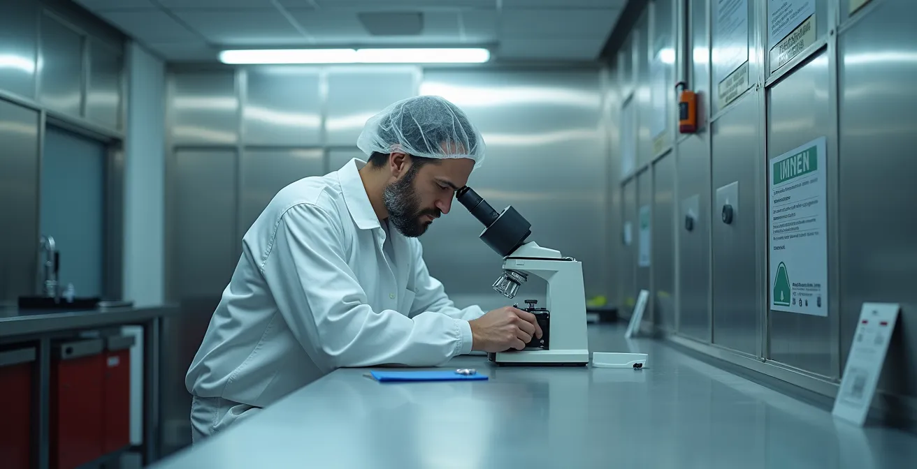 Forensischer Fotograf bei der Arbeit in einem deutschen Polizeilabor mit Spezialkamera und Beweismaterial