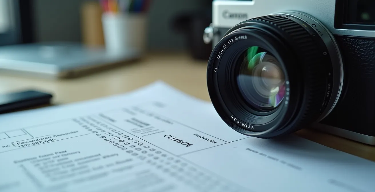 Arbeitsplatz eines Behördenfotografen mit Kameraausrüstung und TVöD-Gehaltsabrechnung auf dem Schreibtisch