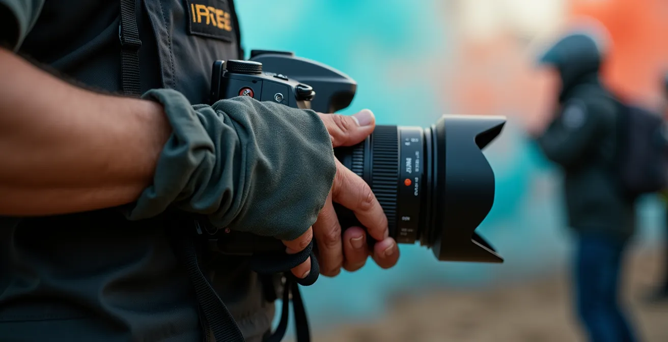Nahaufnahme einer geschützten Kamera mit Sling-Gurt während einer Demonstration