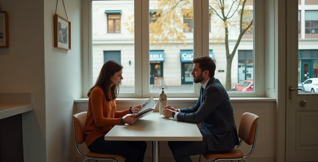 Fotojournalist und porträtierte Person betrachten gemeinsam eine Zeitschrift in einem ruhigen Café