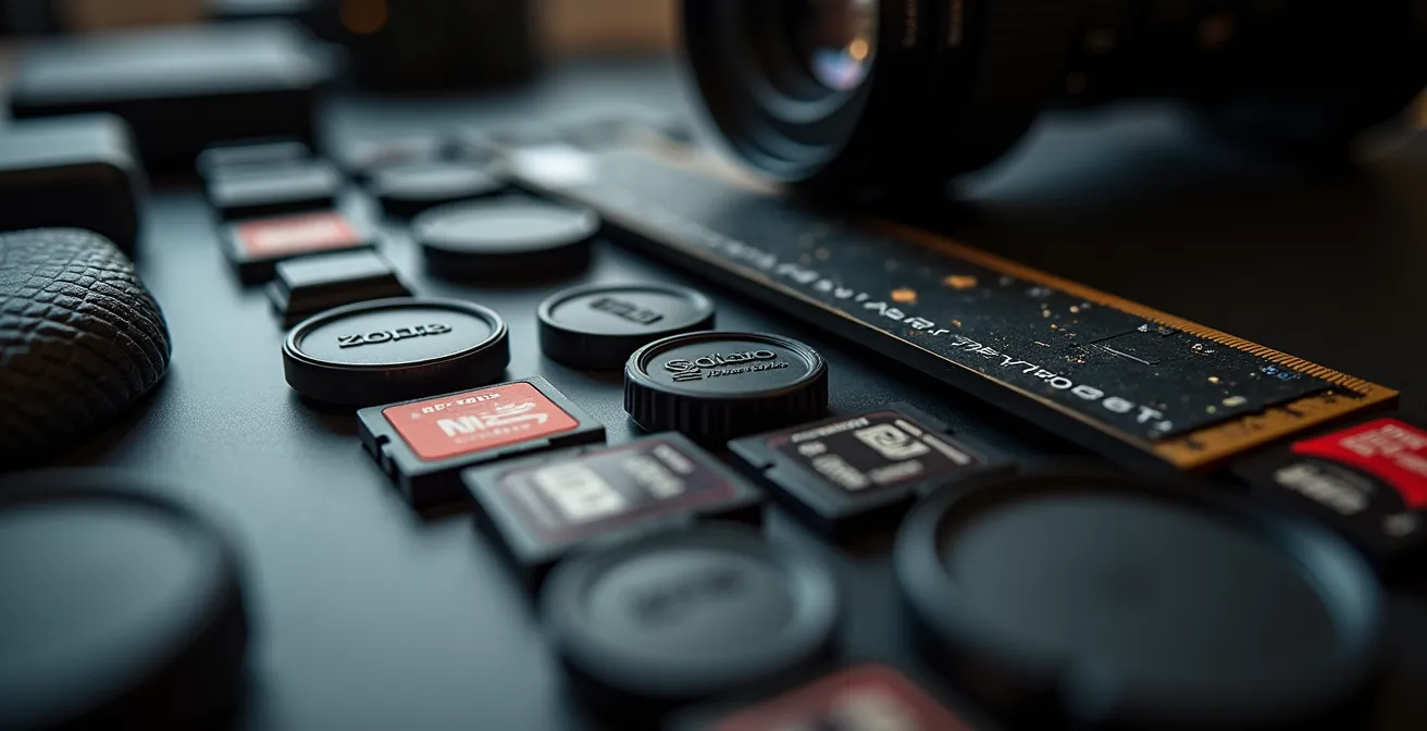 Professioneller Arbeitsplatz eines freiberuflichen Fotografen mit Kamera-Equipment und Arbeitsunterlagen