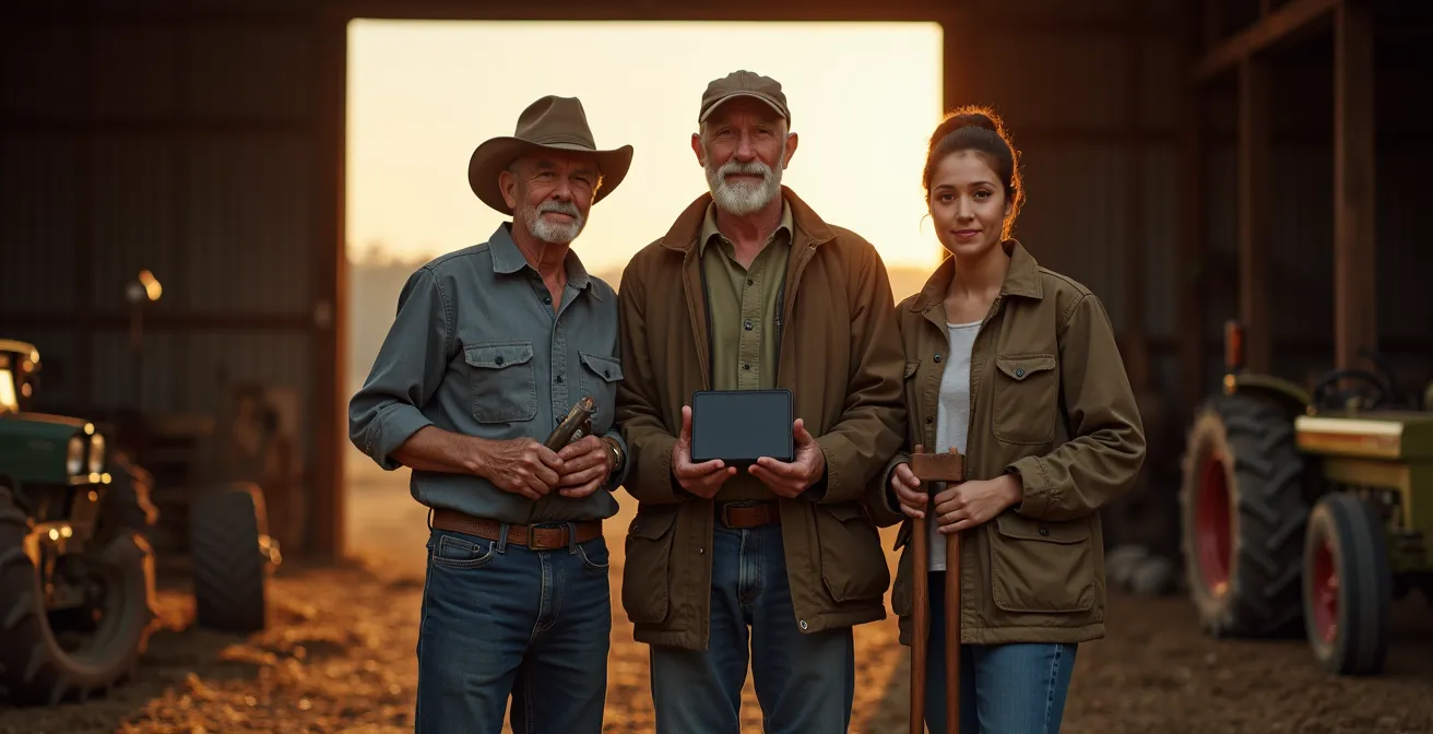 Familienportrait auf deutschem Landwirtschaftsbetrieb zeigt Generationenwandel und die Herausforderungen des Klimawandels.