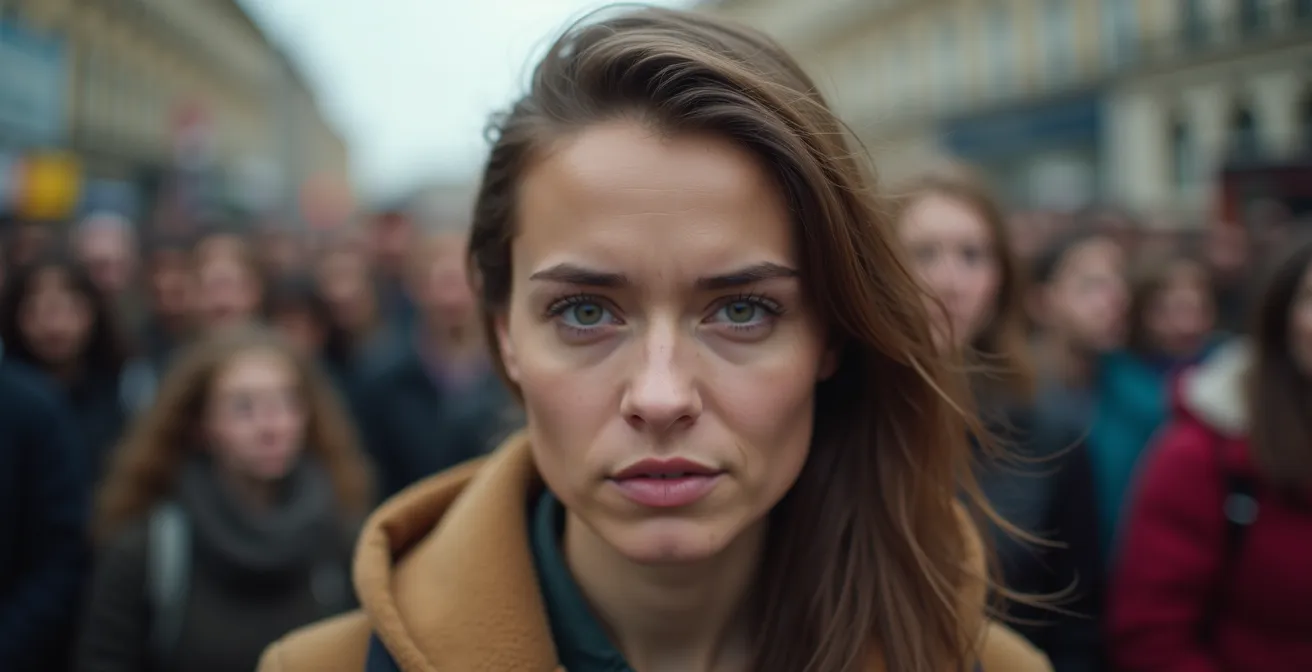 Einzelnes Gesicht scharf gestellt in verschwommener Menschenmenge