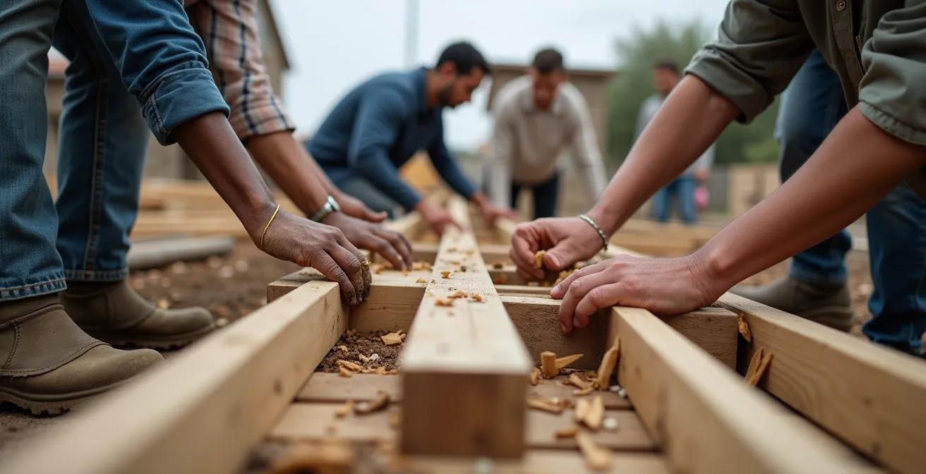 Freiwillige Helfer beim Wiederaufbau nach einer Flutkatastrophe, ein Symbol für Resilienz und Gemeinschaft.