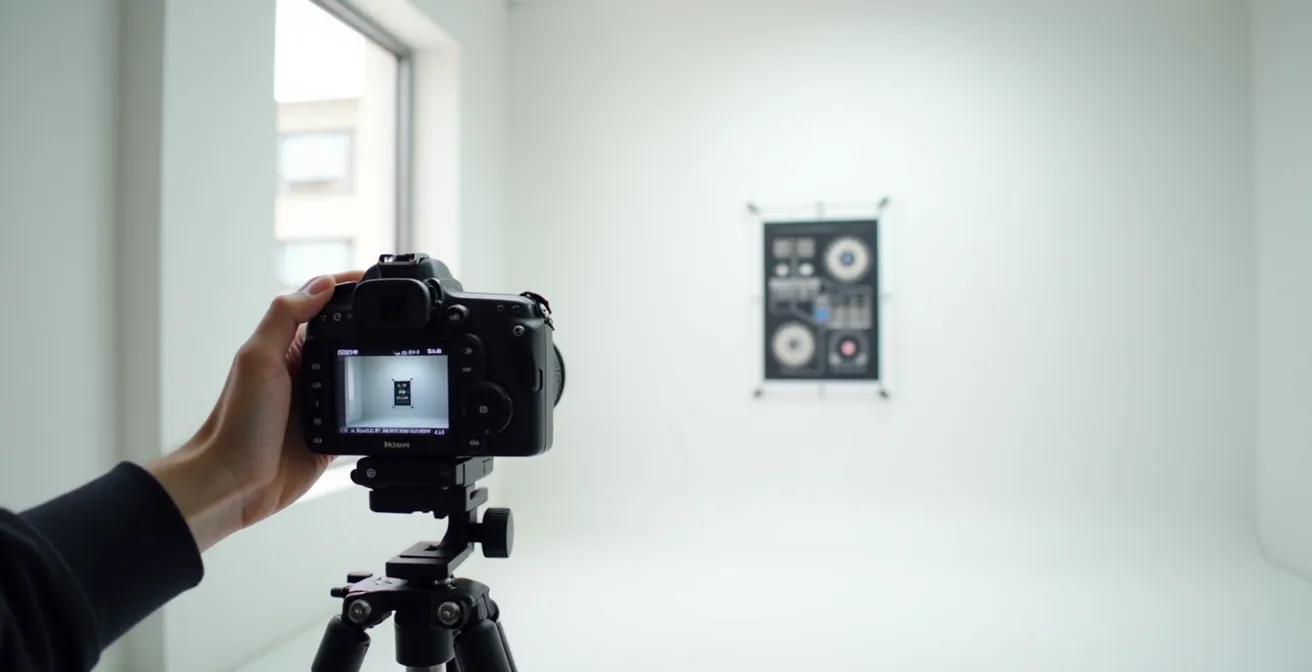 Professionelle Fokus-Kalibrierung mit Testtafel im Studio
