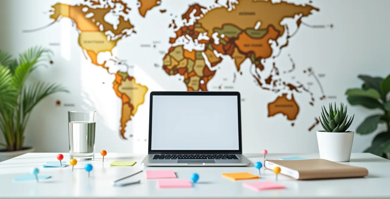 Arbeitsplatz für internationale Keyword-Recherche mit Weltkarte im Hintergrund