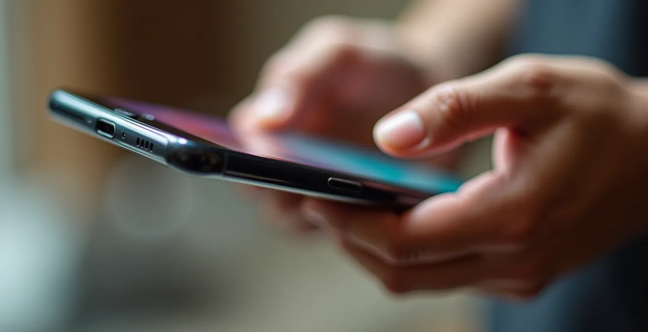 Nahaufnahme von Händen, die ein Smartphone mit animiertem Text halten