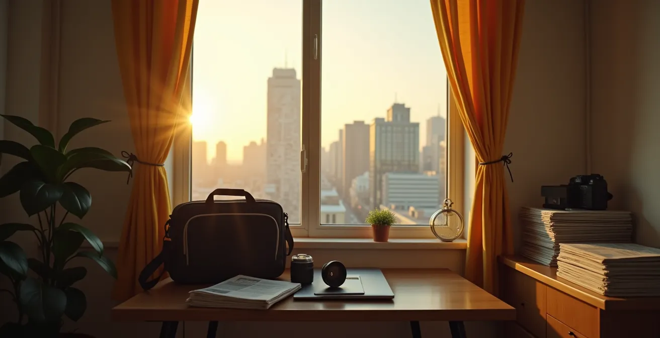 Junger Volontär mit Laptop und Kamera in kleiner Stadtwohnung, Stadtansicht durch Fenster