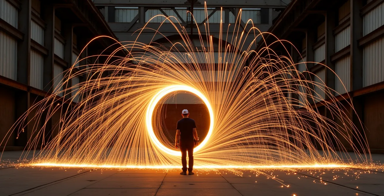 Dramatisches Light-Painting mit Stahlwolle in einer verlassenen Fabrikhalle
