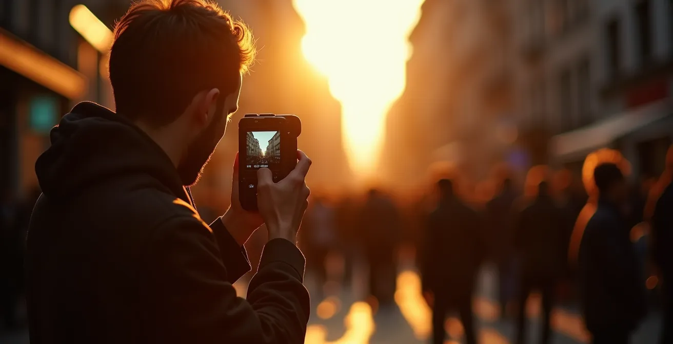 Journalist fotografiert eine Demonstration mit Live-Vorschau auf dem Kamerabildschirm, um die Belichtung in den kontrastreichen Zonen zu beurteilen.