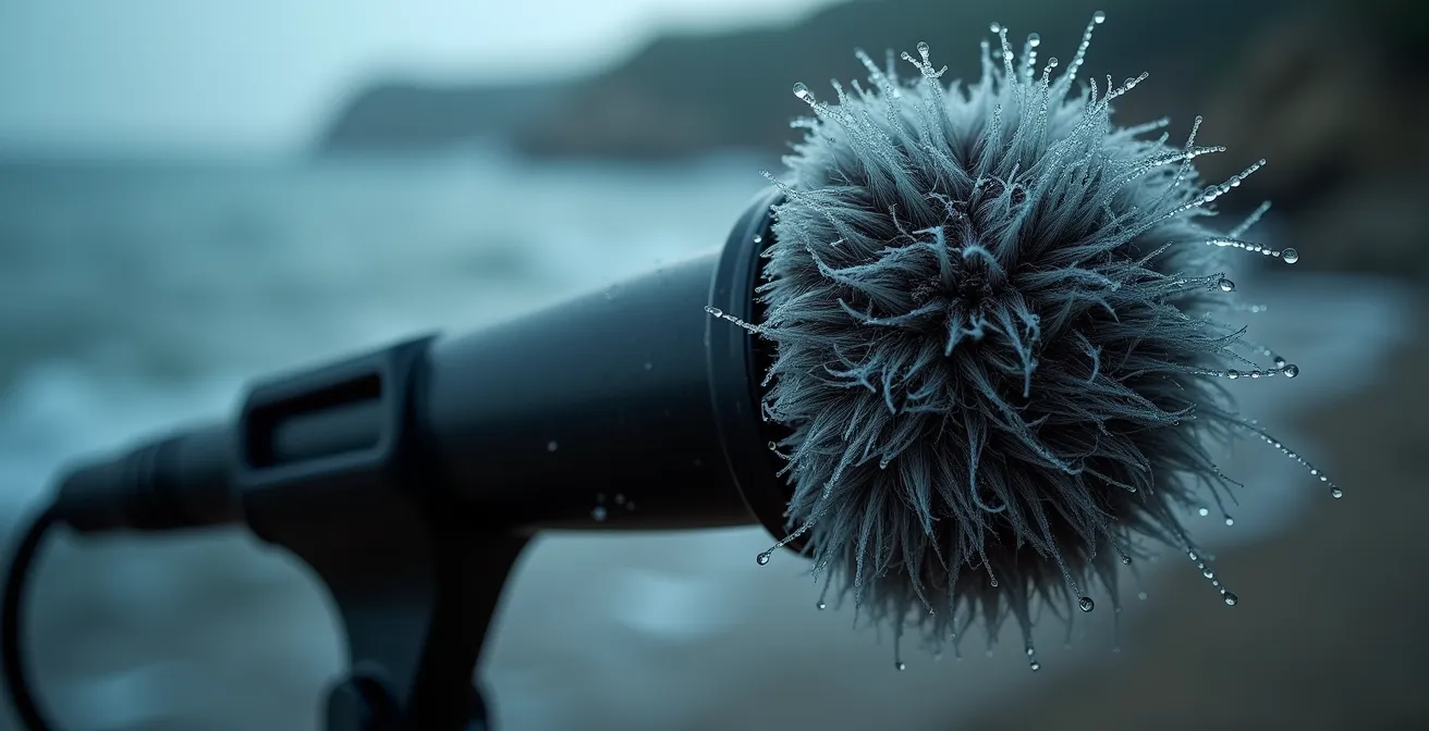Professionelles Mikrofon mit Windschutz bei Küstenreportage im Sturm