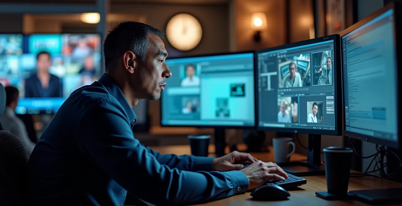 Bildredakteur arbeitet unter Zeitdruck an mehreren Bildschirmen