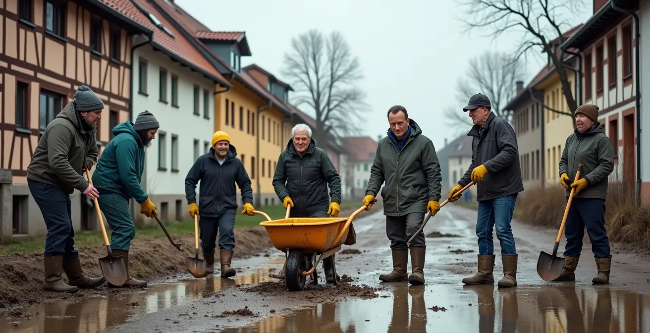 Freiwillige Helfer beim Aufräumen nach Hochwasser in deutschem Dorf, zeigt Gemeinschaftsgeist und Solidarität