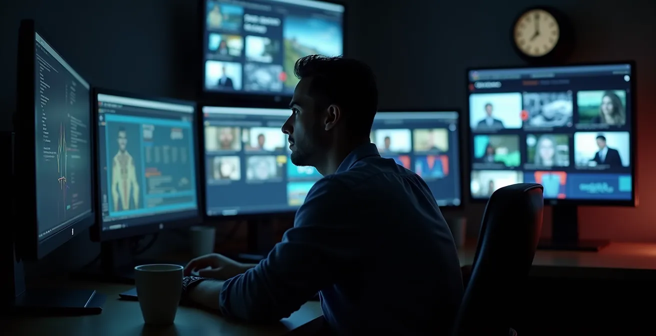 Bildredakteur arbeitet in der Nachtschicht an mehreren Bildschirmen zur Event-Koordination