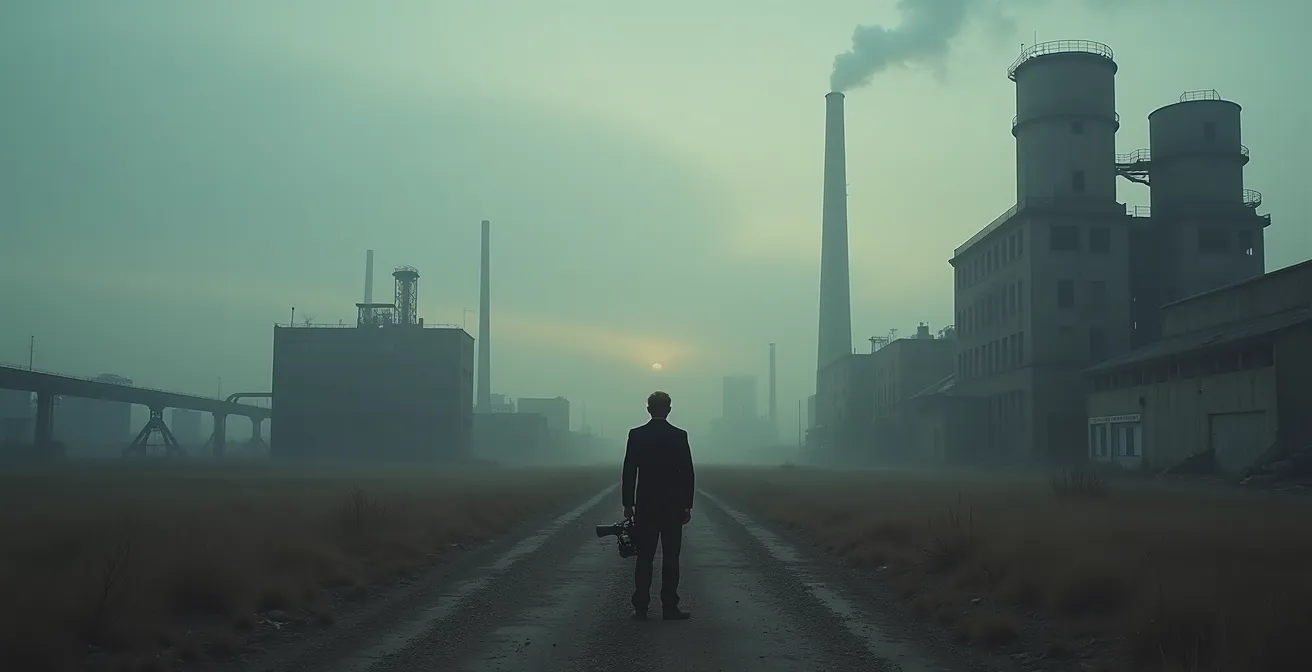 Einsamer Fotograf mit alter Kamera dokumentiert verlassene Industrielandschaft im Osten