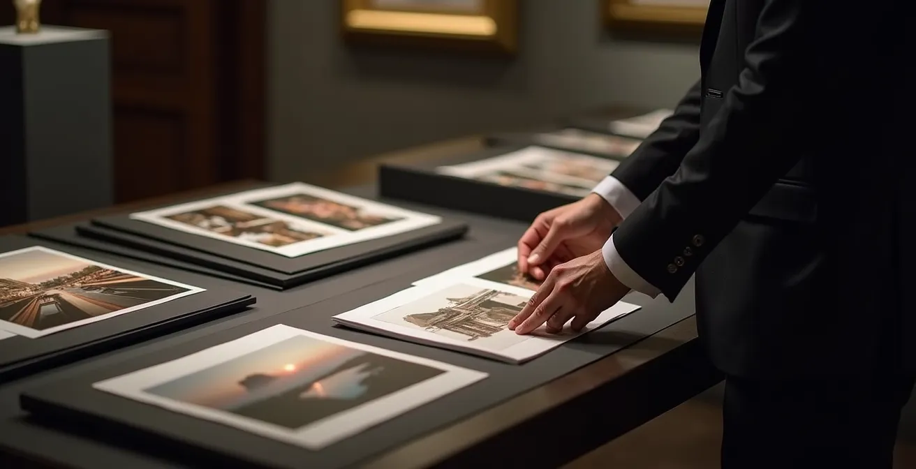 Ein zeitgenössischer Galerieraum während einer professionellen Portfoliopräsentation