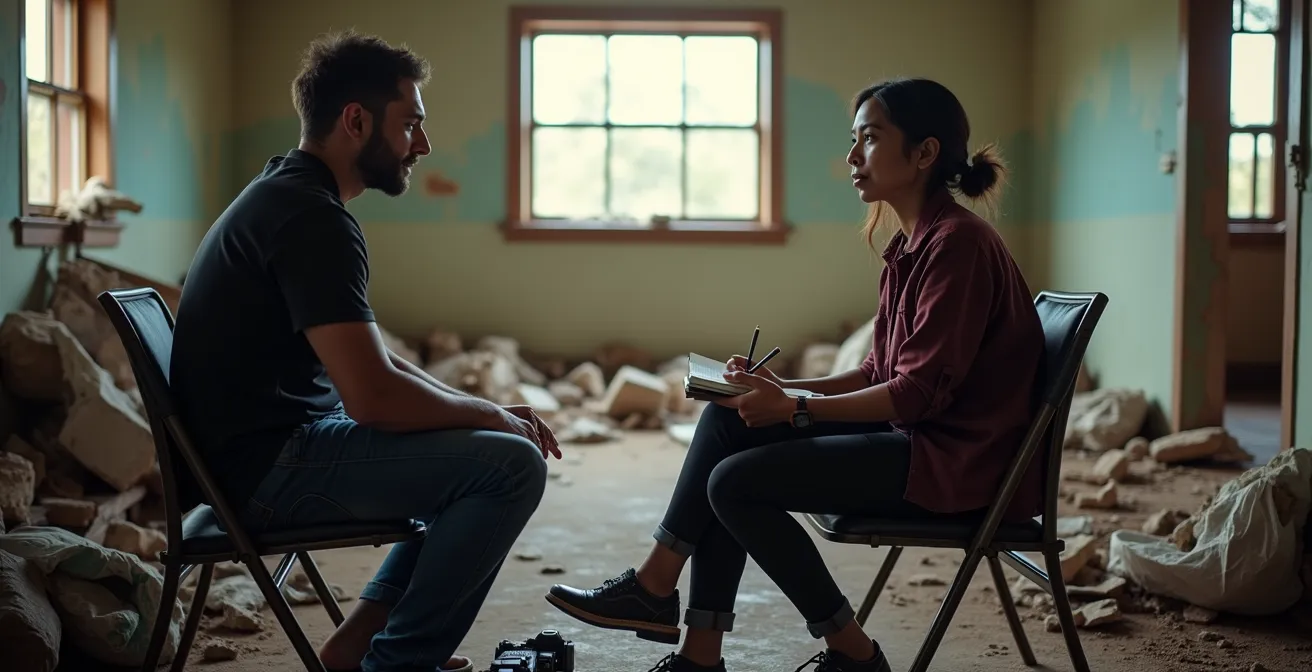 Journalist führt einfühlsames Gespräch mit Flutopfer in sicherem Abstand mit abgesenkter Kamera