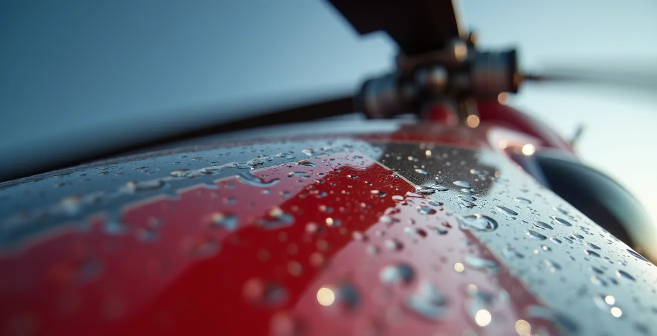 Makroaufnahme eines verzerrten Hubschrauberrotors, der den Rolling-Shutter-Effekt durch gebogene und gewellte Linien demonstriert.