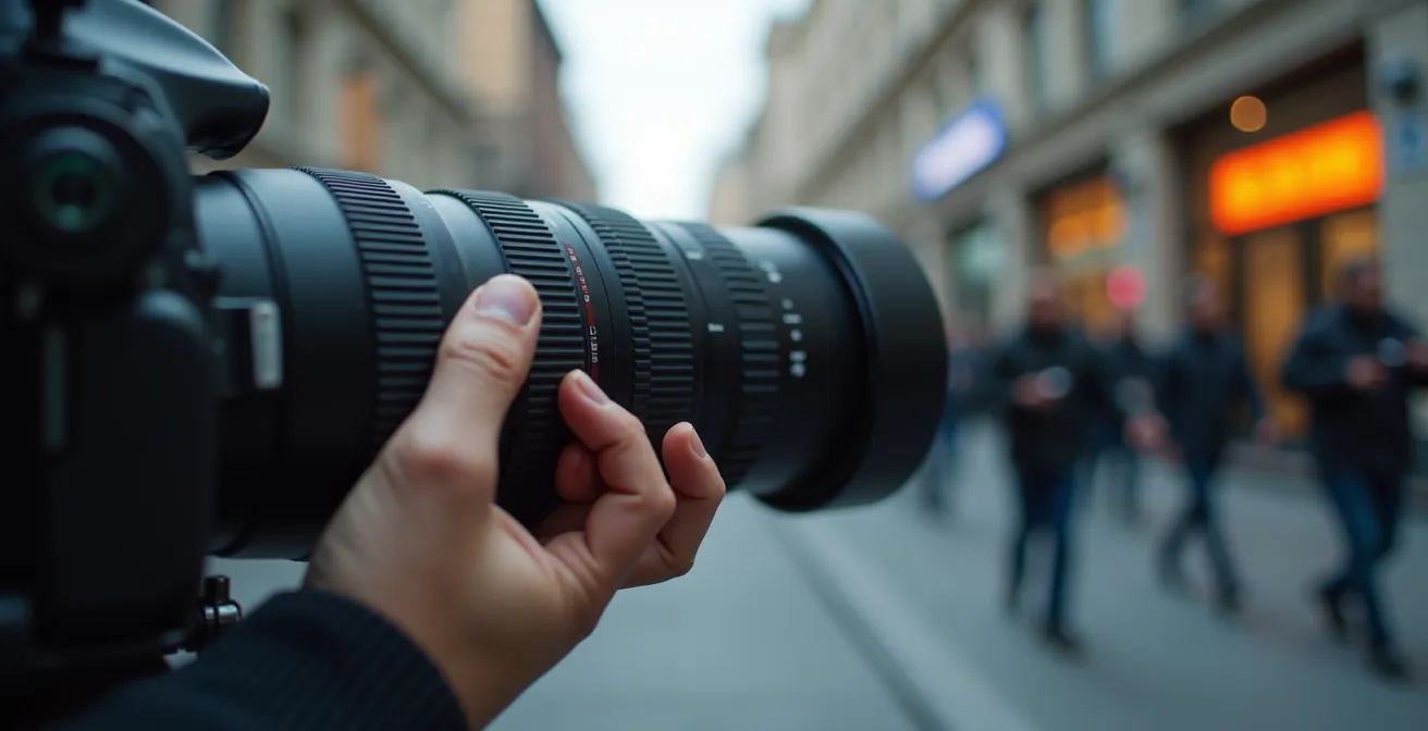 Fotograf mit Super-Teleobjektiv in sicherer Distanz zur Demonstration