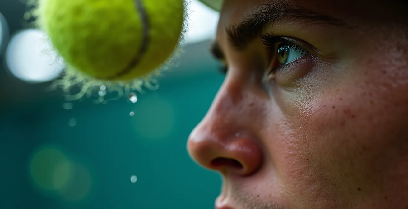Nahaufnahme eines Tennisspielers beim Aufschlag im kritischen Moment