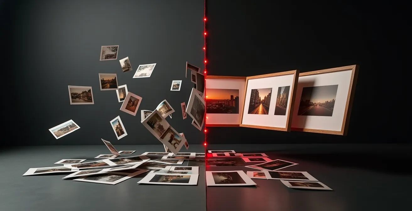 Zwei Fotoserien nebeneinander - links lose thematische Sammlung, rechts strukturierte Bilderzählung