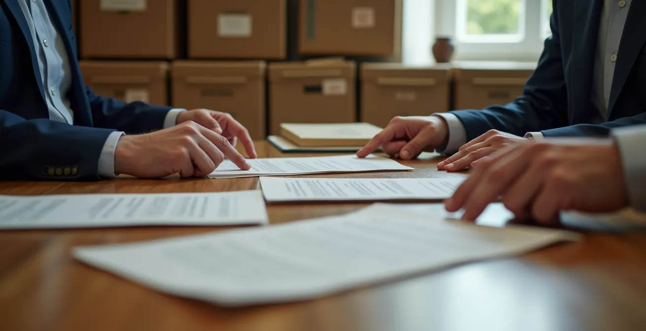Detailaufnahme von Händen über Vertragsdokumenten mit Archivmaterialien im Hintergrund