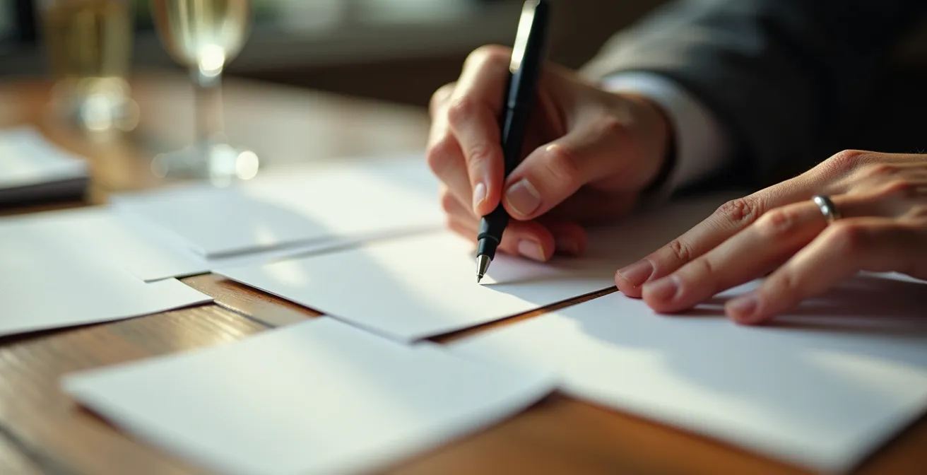 Makroaufnahme von Händen, die Visitenkarten mit handschriftlichen Notizen versehen