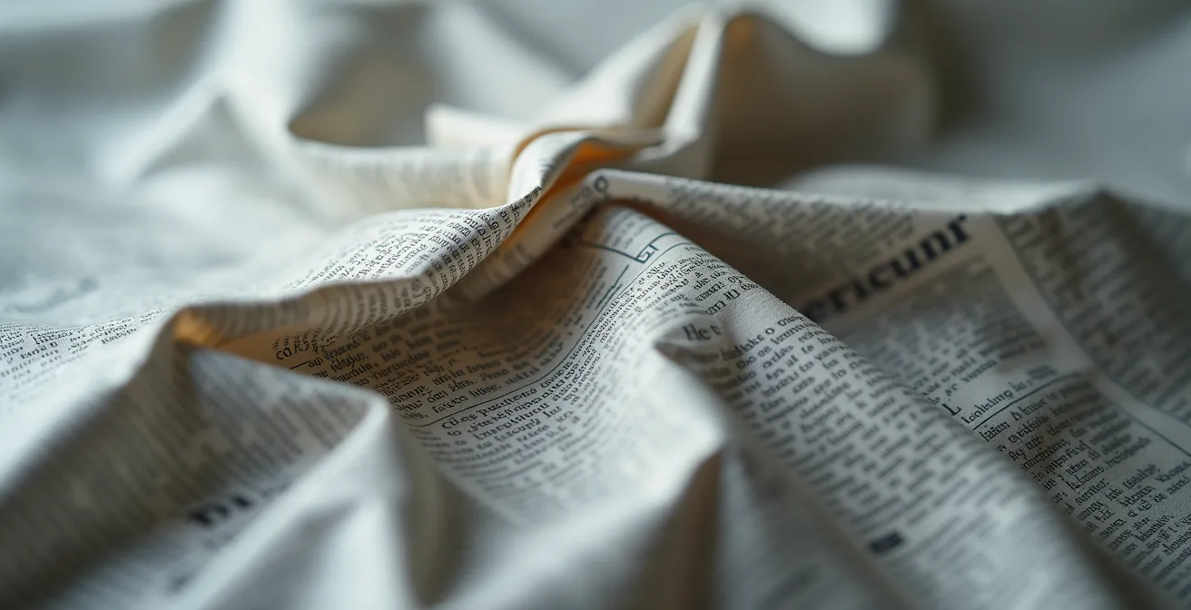 Makroaufnahme von zerknittertem Zeitungspapier mit unscharfen Schatten und Lichtreflexen