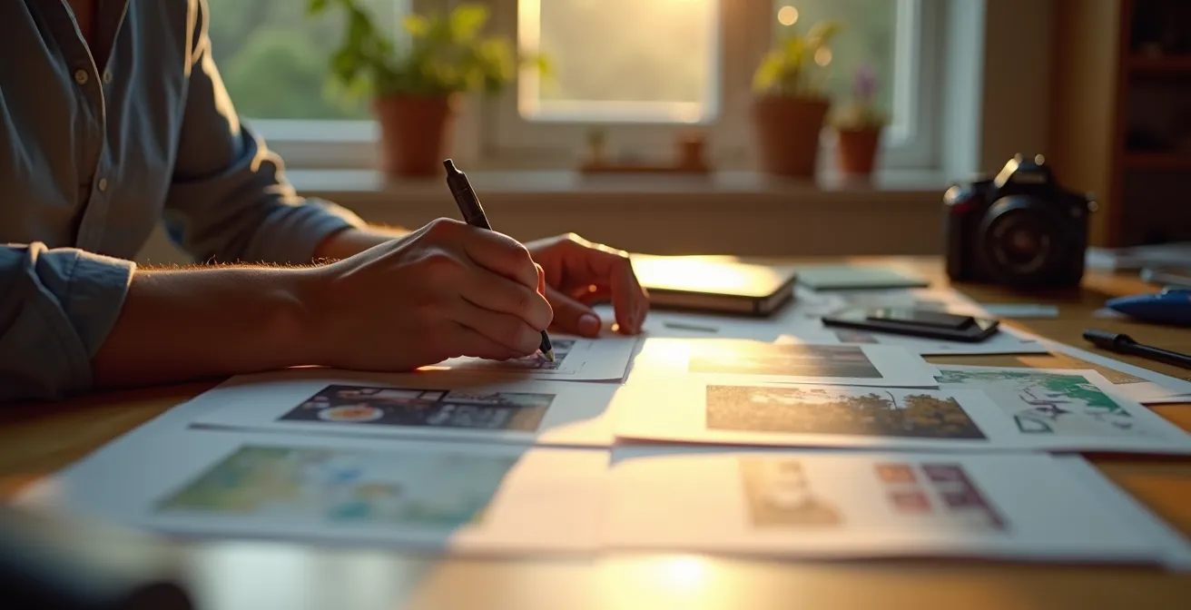 Arbeitsplatz für multimediale Web-Story-Erstellung mit AR-Elementen, der den kreativen Prozess zeigt